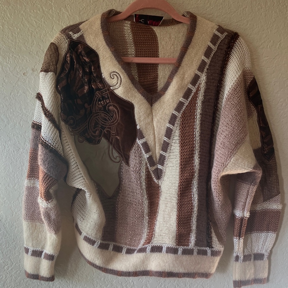 Dino Valiano Made in W. Germany Wool Blend Brown & Cream V-Neck Sweater women M